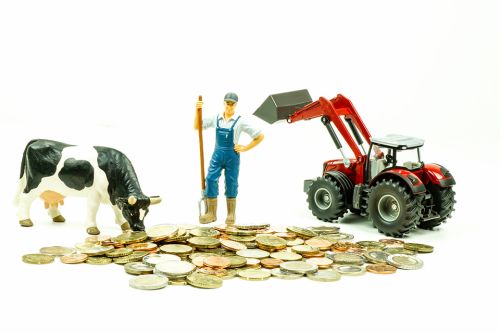 Foto: Figur von Kuh, Landwirt und Traktor auf Münzen